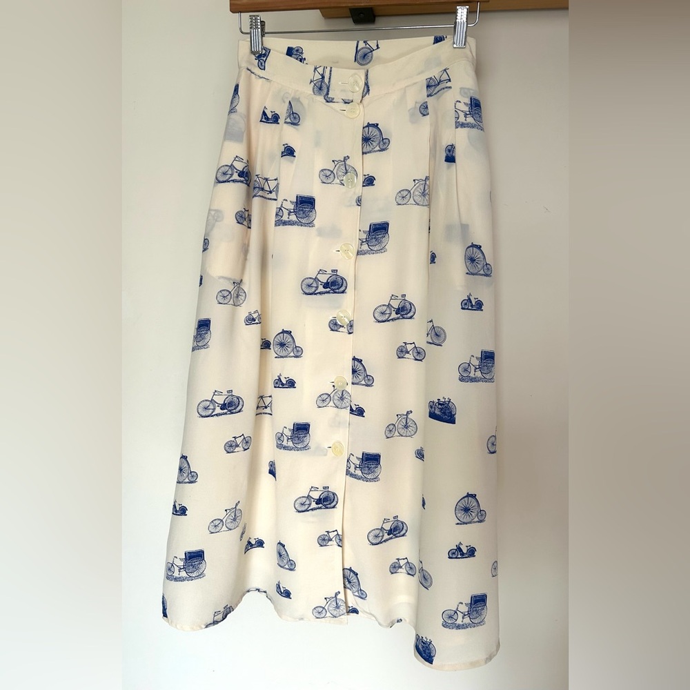 Vintage Bicycle Print Silk A-Line Midi Skirt with Pockets size Medium